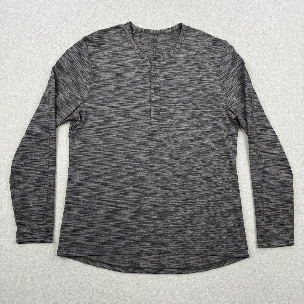Lululemon Shirt Mens Large Black Gray Henley Heathered Long Sleeve Stretch‎